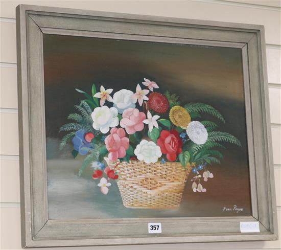 Ivan Payne, oil on canvas, still life of basket of flowers 40 x 50cm